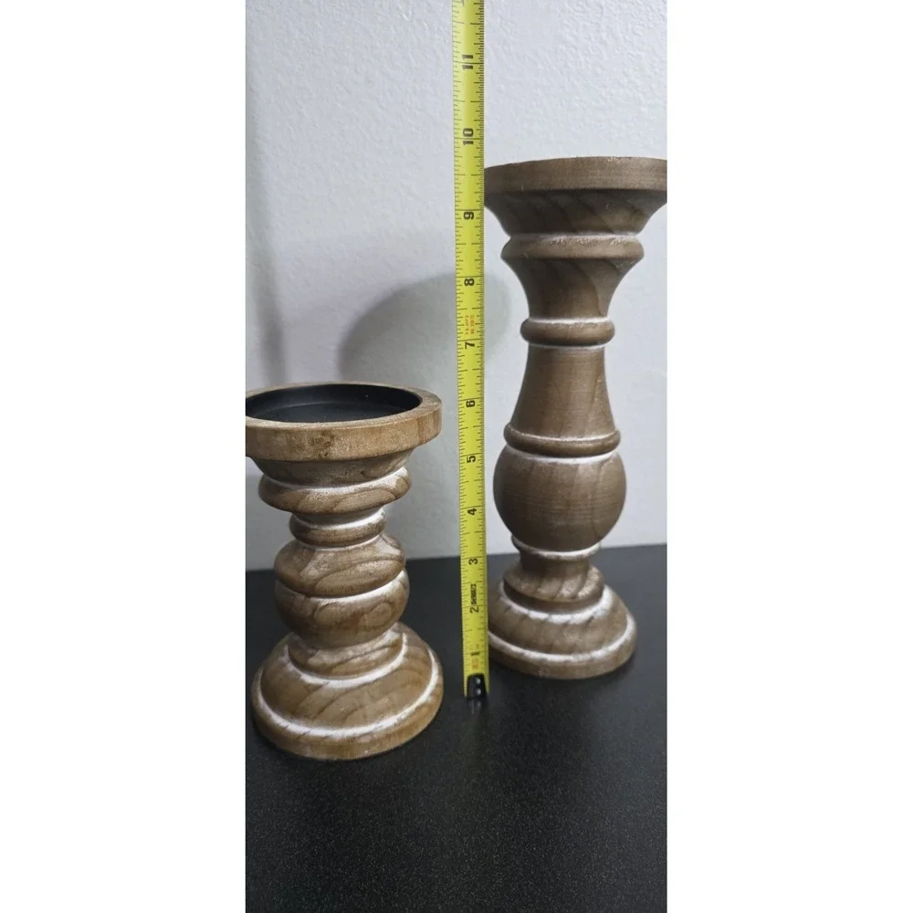 Wooden Candlesticks Pair Candle Holder Round Rustic Farmhouse‎ Decor Cottage NEW